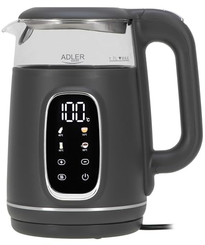 Adler elektrisk vattenkokare i glas med temperaturkontroll – 1,7 L – LED-display och pekkontroll – 5 temperaturprogram – varmhållningsfunktion – 2 200 W