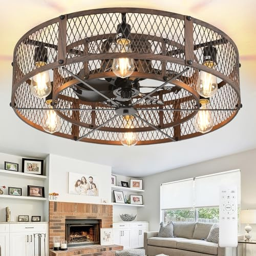 Depuley Caged Ceiling Fan with Light: 26 Inch Walnut Ceiling Fan with Remote Control for Bedroom - Quiet DC Motor Farmhouse Ceiling Fans for Rustic Kitchen Bedroom (E27 Bulbs not Included)