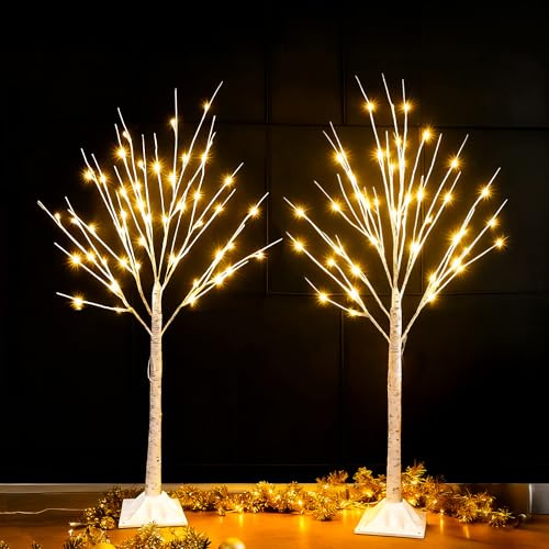 Dazzle Bright 2 Pack Lighted Birch Tree, 4 FT Total 96 LED Pre-lit Artificial Christmas Tree with Timer, Christmas Decorations Indoor Outdoor for Home Garden Party Thanksgiving Decor, Warm White