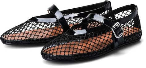 Aria Luxe Mesh Ballet Flats for Women Fishnet Ballerina Flats Buckle Strap Mesh Ballet Shoes Wide Width Casual Summer Dress Flat Shoes(Black,7 UK)