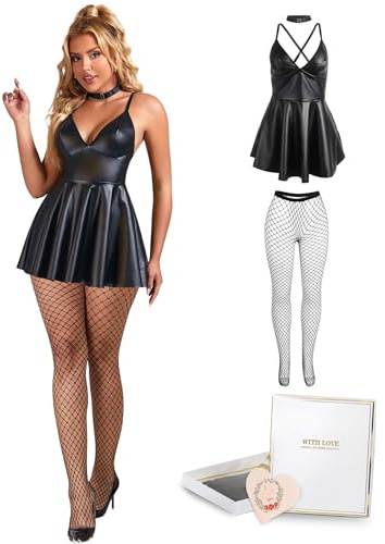 ohyeahlady Läderklänning, dam, svart, kort, stora storlekar, wetlook, underkläder, damer, sexiga underkläder, kurvig, elegant, A-linje, konstläder, festklänning, V-ringad, miniklänning, klubbkläder