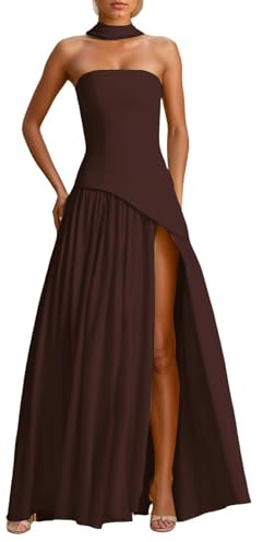 2026 Abito casual da donna elegante abito midi senza spalline per matrimoni, feste, cocktail, serate, occasioni formali, primavera, estate, colore puro e stretto, con glitter, marrone, L