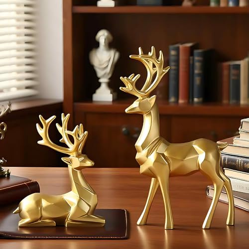 NAVESO Figuras de reno de Navidad, 2 piezas de estatua de reno de Navidad, estatua de reno dorada, adornos de reno de estilo nórdico europeo, escultura de alce de resina para decoración del hogar y la
