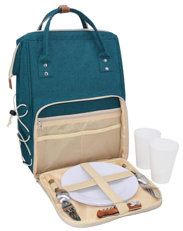 Les Jardins de la Comtesse Sac à Dos Pique-Nique Escapade, pour 2 Personnes, Matière Lavable, Bleu Canard, 1,5 kg, 31 x 19 x 42 cm