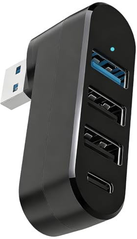 4-Port USB 3.0 Giratorio (2*USB 2.0 Ports+3.0 Port+Type-C Power/Data Port), Hub USB Rotación 90°/180°, para Datos y Energía, para Laptop, Car, and More