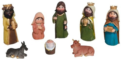 AC - Set de 8 Figuras de Belén - Estilo Naïf - Resina - José, María, niño Jesús, Reyes Magos, Buey y Mula - Decoración, Pesebre, Navidad - 9 cm