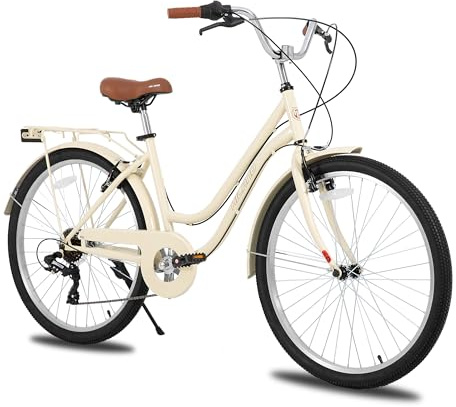 Hiland 26 Zoll Cityräder für Erwachsene, Step-Through Rahmen Damenfahrrad mit Gepäckträger, Herren und Damen 7 Gang-Schaltung Hollandfahrrad Citybike, City-Pendlerfahrrad für Männer