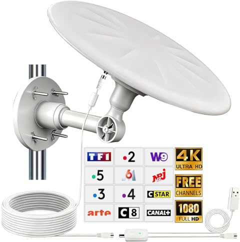 Antenne TV Exterieure Puissante DVB-T/DVB-T2, Réception Omnidirectionnelle 720° Antenne TNT Exterieur, pour Camping Car, Caravane, Fourgon, Van, Camion, Bateau (White -exterieure1)