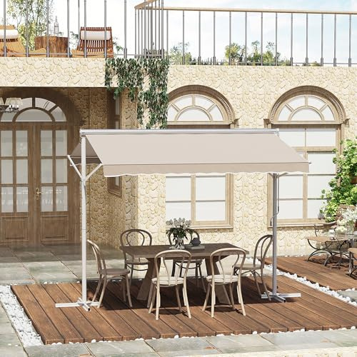 HOMELEN Standmarkise Gartenmarkise mit Faltarm & Handkurbel, 3x3 m, cremeweiß – witterungsbeständiges Kunstleder-Polyester-Dach, pulverbeschichtetes Metallgestell, höhen- & neigungsverstellbar, inkl