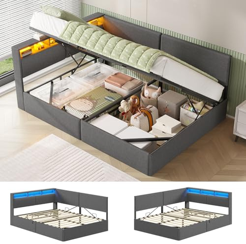 AOGLLATI 4ft6 Double Ottoman Bed with Charging Station & LED Lights, Double Bed Frame with Hydraulic Lift Mechanism, Storage Headboard, Reversible Left/Right Hand Assembly, Dark Grey Linen-135x190cm