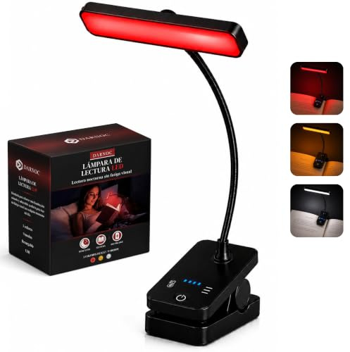 DARNOC Lámpara Lectura Libros LED Recargable con Pinza - Luz Roja 0% Luz Azul, 3 Colores y 3 Intensidades - Lámpara Inalámbrica para Leer Libros en la Cama - Regalo Original para Lectores