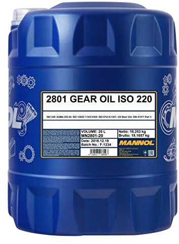 MANNOL 2801 Getriebeöl ISO VG 220, mineralisch für Industriegetriebe, 20L | Reduktionsgetriebeöl mit Verschleiß- und Korrosionsschutz, erfüllt DIN 51517-3 und ISO 6743-6 CKC, für hohe Belastung