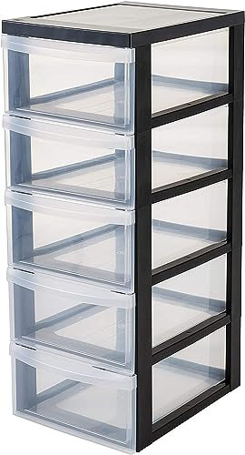 Iris Ohyama Kunststoff-Schubladenbox mit Rollen, 5 tiefen Schubladen, Schwarz, Griffe zum Ziehen, Für Schlafzimmer, Bad, Schule & Büro, BPA-frei, Schubladenschrank, Rollcontainer, A4 Drawer, DC-005