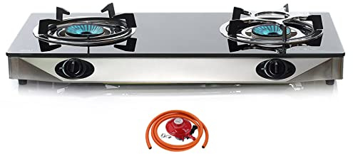 NJ NGB-S2 Indoor Gas Stove 2 burners Hob Black Glass Cooker 6.8kW with Regulator Set (Propane 27mm Clip-on)