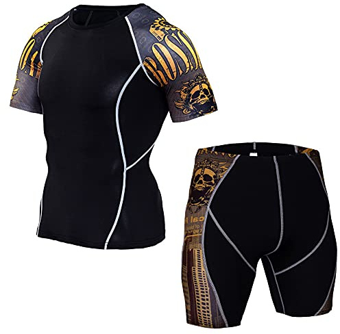 Men's Workout Set Compression Shirt & Shorts Top Shorts Sleeve Sports Base Layer Suit Quick Dry & Moisture-Wicking Yellow