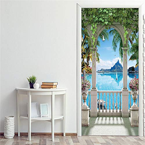 Türfolie Poster Tapete Römische Säule Gewölbte Tür Seeblick Wallpaper Pvc Selbstklebende Wallpaper Home Decor Wasserdichter Wandtattoo