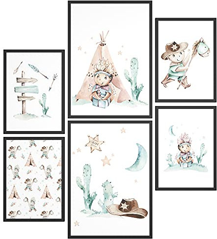 Papierschmiede® Bilder Kinderzimmer Kids Mood Poster Set Cowboys und Indianer, Gerahmte Bilder fürs Kinderzimmer in schwarzen Holzrahmen, 2x DIN A3 und 4x DIN A4, Tipi Kaktus Pferd
