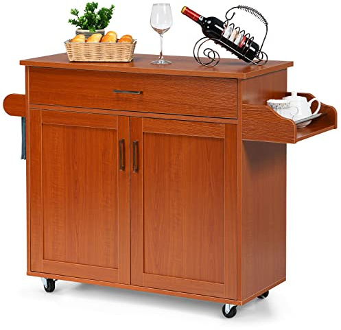COSTWAY Carrello da Cucina con Ruote di Gomma, Scaffale per Microonde Carrello Servizio, Mobile Cucina con Ripiani e Ante, Credenza Cucina Legno Moderno Elegante, 116 x 37 x 85 cm (Marrone)
