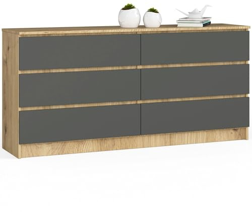 Kommode K-160 mit 6 (2 x 3) Schubladen | für das Wohnzimmer Schlafzimmer Schrank Büro Arbeitszimmer | Modernes Funktionales Design | B160 x H77 x T40 cm, Gewicht 70 kg | Artisan Eiche / Graphitgrau