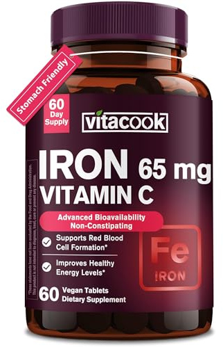 Iron Supplement for Women Men, High Potency Iron 65mg with Vitamin C 250mg, Stomach Friendly Iron Pills for Red Blood Cell & Immune Support, Vegan, Non-GMO & Gluten Free, 60 Tablets