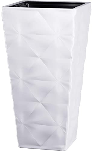 B2C Square Tall Plant Pot Elegant Large Flower Indoor Outdoor Garden Planters Diva (H 57cm x D 30cm, White)