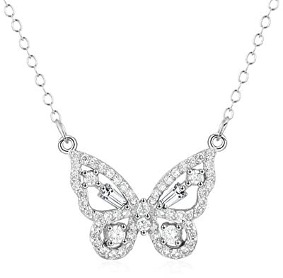 Skcess Halskette für Freundin, Hochzeitsschmuck Braut Silber Schmetterling Anhänger Silber 925 Damen Runden Zirkonia Anhänger-Halskette Länge 40+5cm