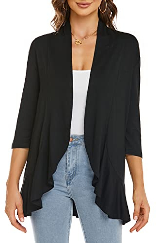 YULOONG Femmes Automne Cardigan Couleur Unie été Décontracté Léger Couverture Ups 3/4 Manches Ouvert Devant Drapé Volants Printemps Haut Noir L