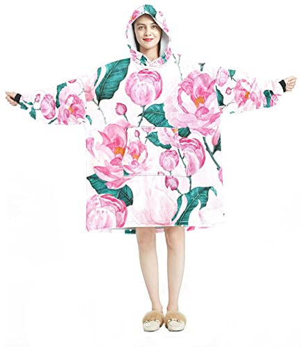 Tragbare Decke Hoodie, übergroße Kapuzendecke, Sweatshirt, Aquarell, rosa Rosen, blühende Blume, Mehrfarbig, Einheitsgröße