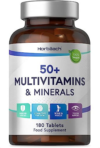 Multivitamin Tablets for Men 50 Plus | 180 Count | One-a-Day Formula | 28 Essential Nutrients | with Vitamin C, B6, D3, Iron and Magnesium | Vegan | by Horbaach