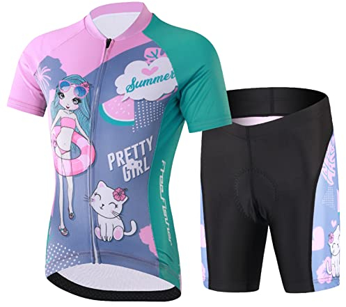 SXSHUN Kinder Jungen Radtrikot Mädchen Fahrrad Trikot Radhose mit Sitzpolster Kurzarm Radshirt Radsport Anzüge, Rosa+Grün, 146