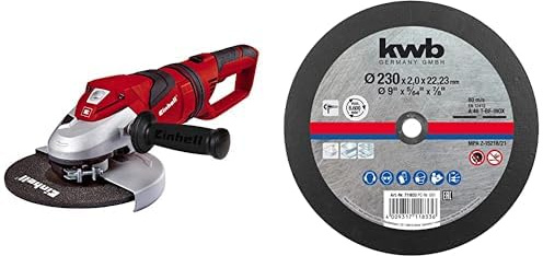 Einhell Amoladora angular con cable - TE-AG 230. 2350 W, 230 V, disco Ø 230 mm, de arranque suave, con mango giratorio, anti vibración, + KWB Disco de corte de metal fino de 230mm