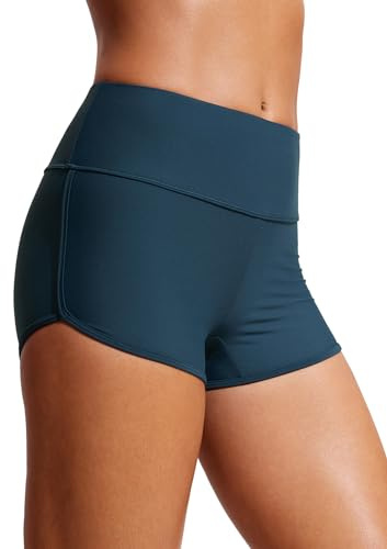 CRZ YOGA Damen High Waist Badeshorts Beach Bauchkontrolle Badehose Schwimmshorts Sport Swimsuit Wassersport Kurze Hose Abzeichen Blau 42