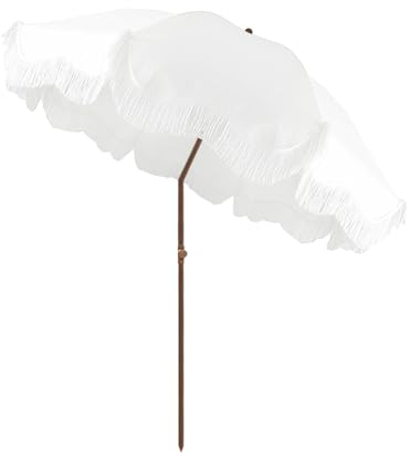 ELZEM 180cm Parasol Plage Blanc Avec Frange Parasol De Jardin Inclinable Parasol De Terrasse Anti Uv Parasol Balcon Hauteur Réglable Anti Vent Pour Balcon Patio Terrasse/Sac De Transport