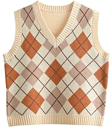 Hyipels Gilet da donna, stile Y2K, senza maniche, con motivo a quadri, stile preppy, in maglia, crop tank top per ragazze, XL