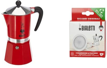 Bialetti 4963 Cafetière Italienne, Aluminium, Rouge, 6 Tasses & Ricambi, Includes 3 Gaskets and 1 Plate, Compatible with Moka Express, Fiammetta, Break, Happy, DAMA, Moka Timer and Rainbow BIA640308