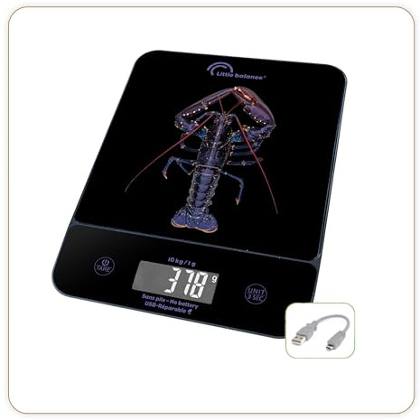 LITTLE BALANCE 8710 Happy Genius 10 Blue Aragosta Bilancia da cucina senza batteria, ricaricabile USB, riparabile, 10 kg, Blue Aragosta