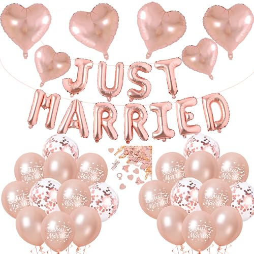 Just Married Decorations Wedding Balloons - Rose Gold Married Party Decoration Includes Latex Letters Banner Heart Foil Balloons Confetti for Engagement Bridal Shower Themed Party