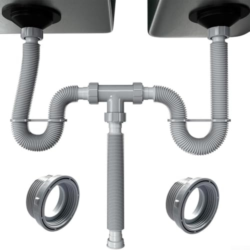 Besttoolifes Kit de vidange double pour évier, tuyau de vidange flexible pour évier 3,8 cm et 3,8 cm, kit de plomberie extensible pour cuisine, salle de bain, gris