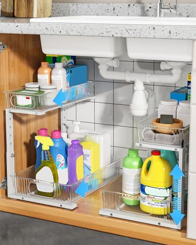 UMDONX Lot de 2 Rangement sous Evier Cuisine, 2 Niveaux Tiroir Coulissant, Métal Cadre Hauteur Réglable Organisation sous Evier à Extraction, Blanc