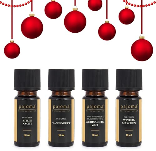 Pajoma Duftöl Set XMAS 4x10ml - Stille Nacht, Tannenduft, Weihnachtszeit & Wintermärchen | Weihnachtsöl - Weihnachtsduft | Parfümöle & ätherisches Öl für Aromatherapie, Duftlampen, Diffuser