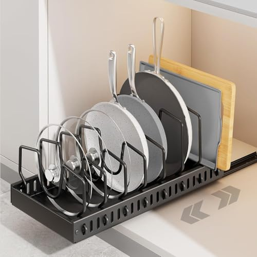 Beruyu Topfdeckelhalter Ausziehbar, Topfdeckel Organizer mit 8 Verstellbaren Teiler, Pfannen Organizer Schublade Deckelhalter für Küche, Schwarz