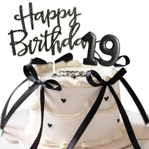 Happy Birthday Tortendeko mit Satinband und Geburtstagskerzen Zahl 19, Kuchen Deko 19 Geburtstag Mädchen Junge Schwarze Geburtstagsfeier Dekoration