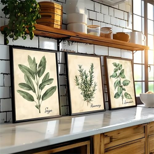 3er Watercolor Herb Wall Art Poster Set - Vintage Farmhouse Style Leaf Poster Für Schlafzimmer, Küche & Home Office Decor (40x50cm)