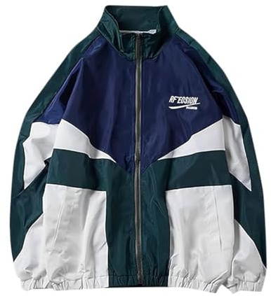 Generisch 2025 Chaqueta de estilo retro de gran tamaño con colores de patchwork, ropa deportiva casual vintage, cortavientos, talla M, verde, XL