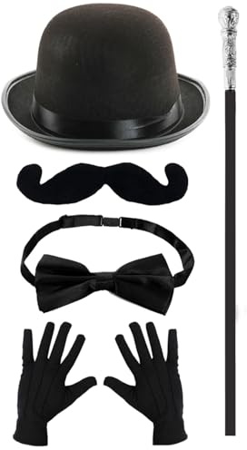 Detektiv-Zubehör-Set für Erwachsene, 1930er-Jahre, schwarzer Bowler-Hut, Lenker-Schnurrbart, schwarze Fliege, Handschuhe und silberfarbener Stock – Herren 30er-Jahre-Kostüm, Mystery-Charakter