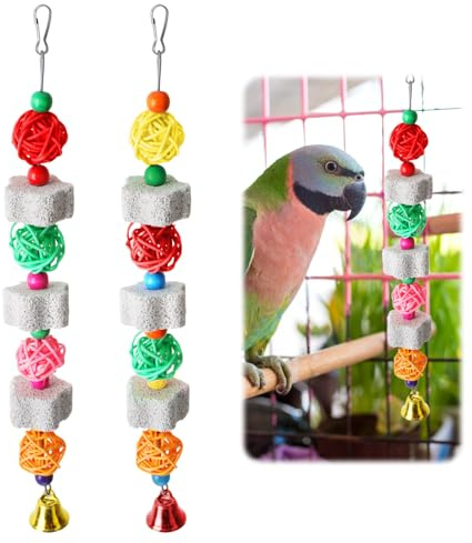 Fanxaolnes Set di 2 pezzi pappagalli da masticare e triturare, catene da appendere per uccelli con 3 pietre vulcaniche e 4 palline colorate in rattan, pappagalli accessori per gabbie per uccelli