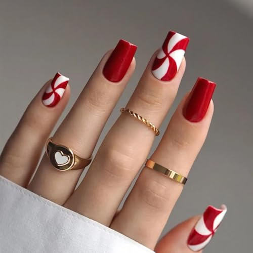 Ztcily Faux Ongles Noël Rouge Blanc Long French Carré | Motifs Bonbons pour Enfants | Faux Ongles avec Colle Festifs | Accesoire Idée Cadeau de Noël Mariage Nouvel An