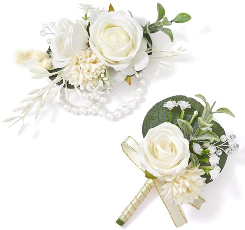 Serwalin White Rose Corsage and Boutonniere Set, Boutonniere for Men and Wrist Corsage Wristlet Prom Homecoming Wedding Flowers Accessories Party Suit Decorations