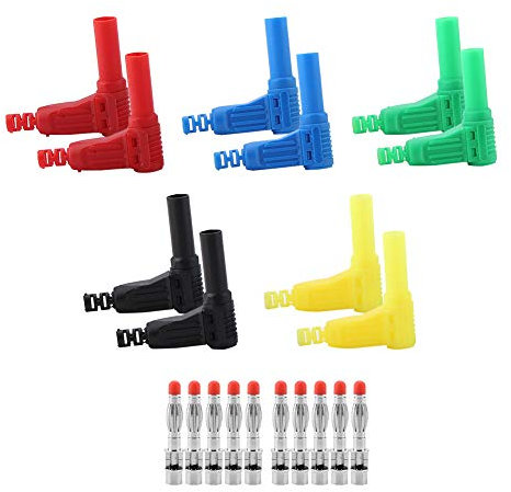 NutriEss 4mm Banana Plug Connectors Copper Safety Sheathed Right Angle Welding Cable Wire Connectors for Electrical Equipment and DIY Projects 10pcs Red Black Yellow Green Blue