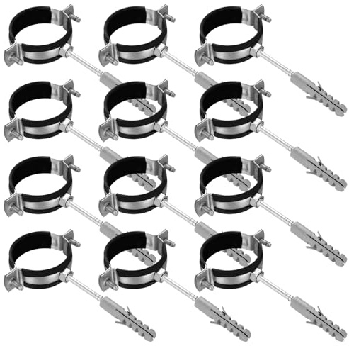 12 colliers de serrage de 50 mm et 12 vis goujons et 12 chevilles, colliers de serrage avec insert en caoutchouc pour tuyaux de fixation murale pour canaux, sanitaires, conduits de ventilation